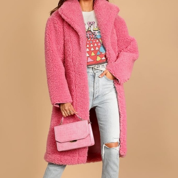 🆕AVEC LES FILLES WARM RICH FUSCIA HOT PINK BONDED FAUX FUR TRENCH TEDDY COAT - Picture 14 of 16